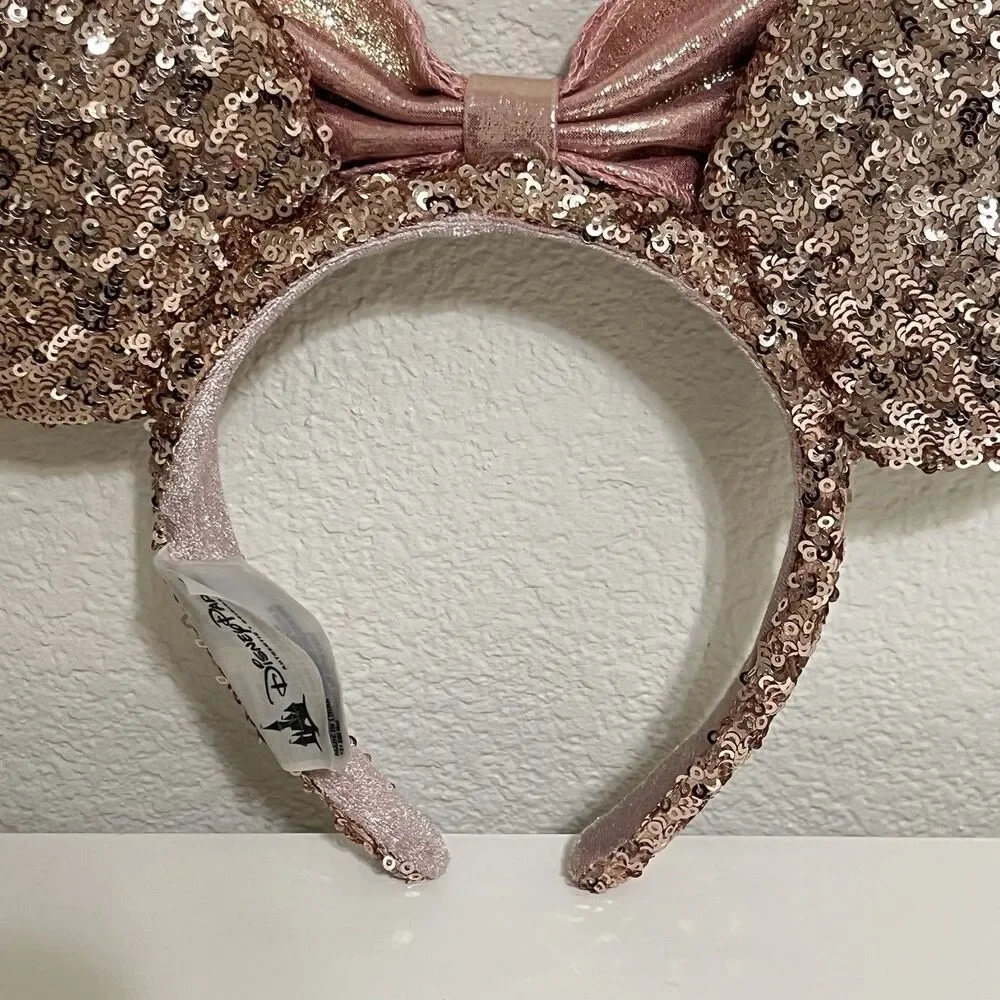 Disney Parks Minnie Mouse Ears Rose Gold Champagne Bow Sequin Headband